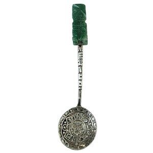 VTG Sterling Silver Aztec Calendar Spoon Jade Green Carved Totem 925 Mexico 4"